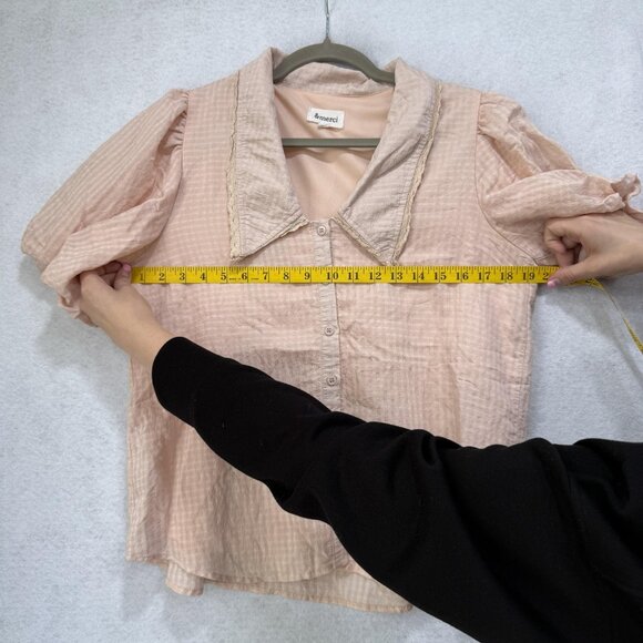&merci Shirt Womens Large Beige Puff Sleeve Button-Up Collared Basic Polyester - Picture 3 of 9